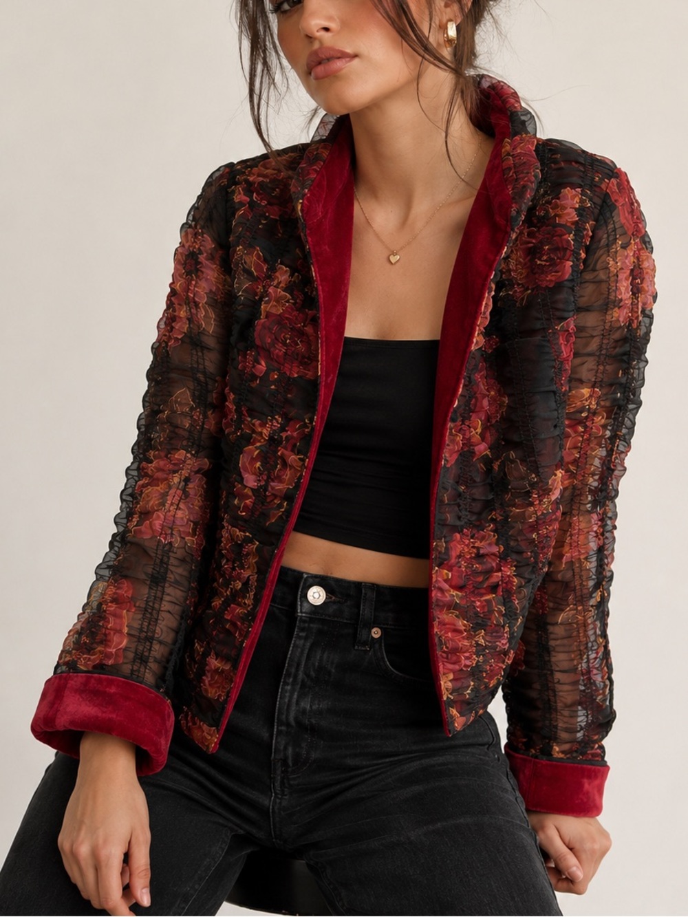 Coldwater Creek Vintage Crinkle Sheer Overlay Puff Sleeve Open Front Jacket